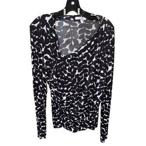 Max Mara Blouse Asymmetrical V Neck Long Sleeve XL Top Stretch Black White Print